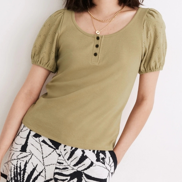 Madewell Tops - Madewell Eyelet Sleeve Henley Top Size S Ash Green